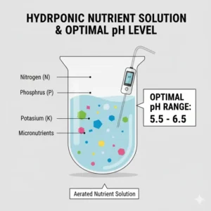 Graphic detailing the essential nutrient solution and recommended pH levels for optimal hydroponic flowers growth.