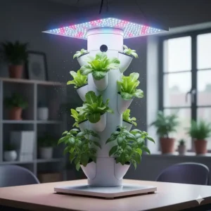 Energy-efficient LED grow lights installed over a small indoor aeroponics system kit for accelerated plant growth.