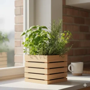 A small herb garden cube planter used indoors to grow fresh herbs near a kitchen window.