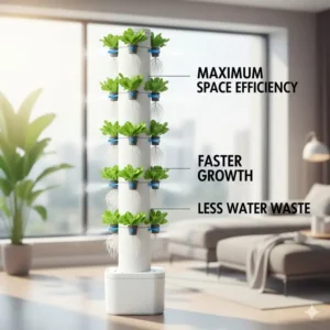 Illustration of a space-saving, vertical aeroponics kit design ideal for indoor growing environments.