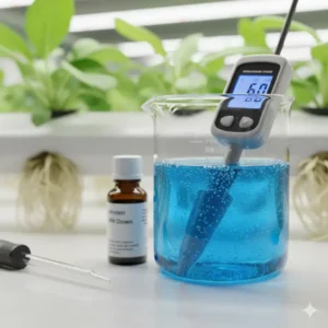 A clear image showing the balanced liquid nutrient solution and pH meter used to feed the best flowers for hydroponics.