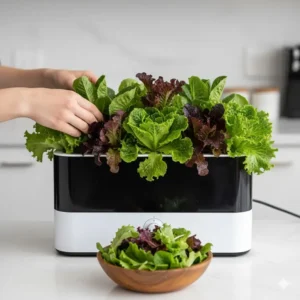 A small, thriving tomato plant inside an Aerogarden, laden with ripening fruit—a visual of the yield from using the best aerogarden seeds tomato varieties.