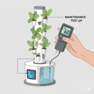 An image showing a hand using a pH meter to test the nutrient solution in an aeroponics kit reservoir.
