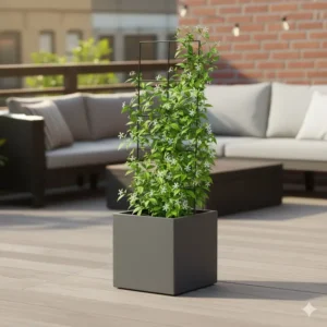 A tall garden cube accessory featuring an attached vertical trellis for climbing plants.