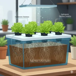 Illustration of a Deep Water Culture (DWC) system, a common setup utilizing liquid hydroponic fertilizer for lettuce.