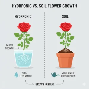 Infographic comparing the faster growth and water conservation of hydroponic flowers versus traditional soil-grown flowers.