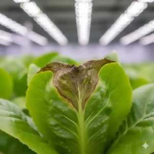 A close-up view of a lettuce leaf exhibiting tip burn, a common nutrient deficiency that growers must manage even when growing the best lettuce for hydroponics.
