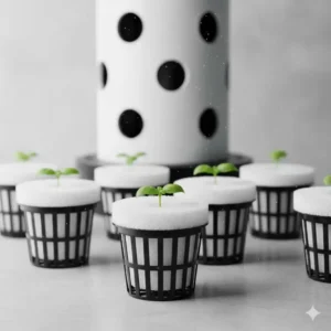 Net pots with foam collars supporting young seedlings, ready to be placed into the top of the aeroponics system kit.