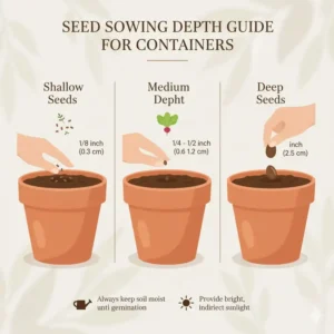 Diagram illustrating the correct sowing depth and spacing for different types of seeds for container gardening.