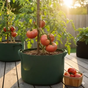 Large, beautiful heirloom beefsteak tomato variety like 'Brandywine' growing in an extra-large fabric pot, demonstrating the success of growing big tomatoes in containers.