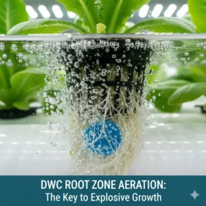 Detailed macro shot of a submersible air stone vigorously bubbling to provide maximum root zone aeration in a DWC system.