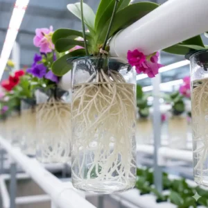 Example of healthy, white root systems from flowers grown in hydroponics, demonstrating the optimal root health achieved when growing the best flowers for hydroponics.