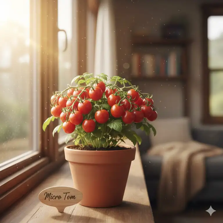 Ripe red cherry tomatoes growing in a container on a windowsill, illustrating the best tomatoes to grow indoors for a continuous harvest.