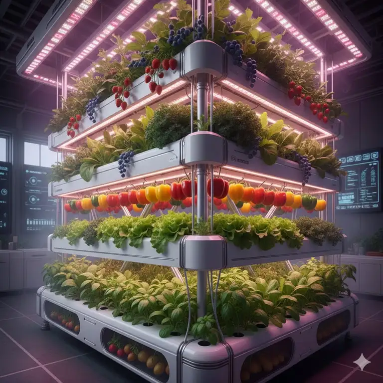 A vibrant list of hydroponic fruits and vegetables growing in a clean, vertical farming setup, showcasing a variety of leafy greens and berries.