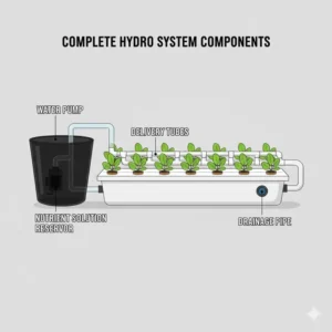 A technical diagram labeling all essential parts of a complete hydro system including pumps and trays.