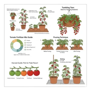 Diagram comparing the size and growth habit of determinate and indeterminate varieties, specifically labeling the types for the best container tomatoes.