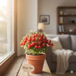 A small, compact Micro Tom dwarf tomato plant, one of the best tomatoes to grow indoors due to its miniature size.