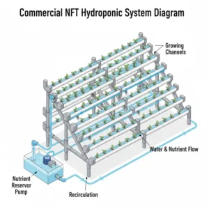 A technical diagram showing the water flow within an NFT commercial hydroponic systems setup.