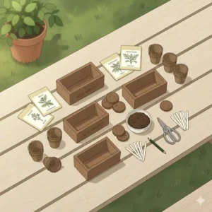 Overhead view of an outdoor herb garden kit including biodegradable pots, heirloom seeds, soil disks, and plant markers.