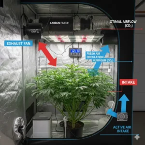 Diagram showing airflow and ventilation for grow tent climate control.