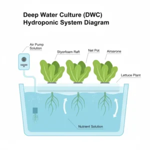 Diagram illustrating a Deep Water Culture (DWC) system, a common setup used inside a hydroponic greenhouse.