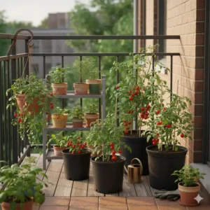 Overview of a small space or balcony garden setup showing various pot tomato varieties growing in suitable containers, such as hanging baskets and five-gallon buckets.