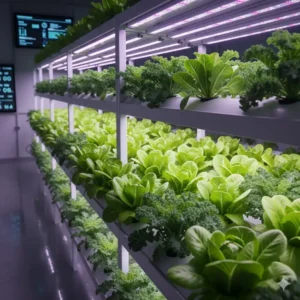 Close-up of lush hydroponic lettuce, spinach, and kale growing in a nutrient film technique (NFT) system.