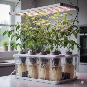 Close-up of a hydroponic deep water culture setup, clearly showing the nutrient delivery roots of the indoor tomato growing system.