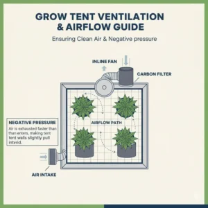 An airflow and ventilation diagram showing how to install the best grow tent setup for beginners.
