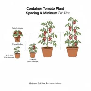 An illustration showing the proper minimum pot size recommendations for different varieties to grow the best container tomatoes.
