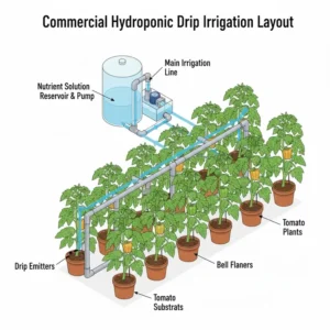 Detailed layout of a high-yield drip irrigation method used in commercial hydroponic systems.