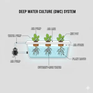 A cross-section view of a Deep Water Culture (DWC) complete hydro system showing root oxygenation.