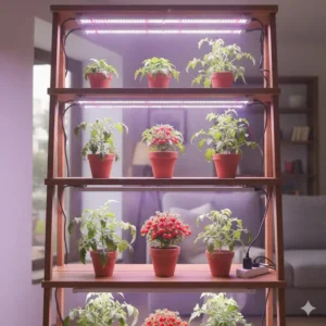 LED grow lights providing necessary full-spectrum illumination for healthy indoor tomato plants, aiding the best tomatoes to grow indoors.