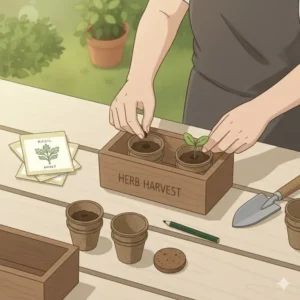 Close-up illustration of hands planting organic seeds into a soil-filled pot from a starter outdoor herb garden kit.