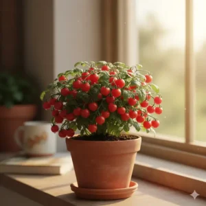 Image of a fully grown Micro Tom pot tomato variety, a super dwarf plant covered in tiny, red cherry tomatoes, perfect for windowsill growing.