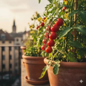 A cascade of bright red cherry tomatoes in a hanging basket, a popular choice among the best tomatoes for container growing.