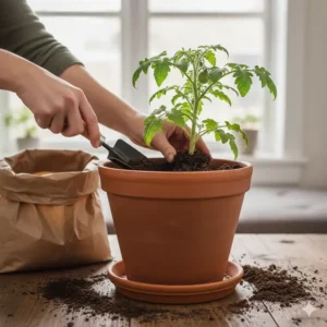 Checking the proper pot or container size needed for successfully growing the best tomatoes to grow indoors.