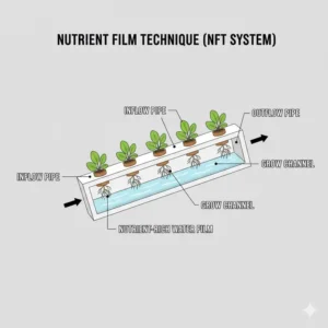 Visual representation of the Nutrient Film Technique (NFT) within a complete hydro system setup.
