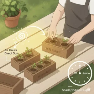 Illustration showing an outdoor herb garden kit placed in a location receiving six hours of direct sunlight.