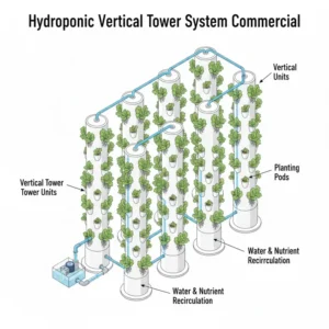 Space-saving vertical tower design for modern urban commercial hydroponic systems.