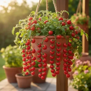 Close-up of a cascading Tumbling Tom pot tomato variety growing out of a hanging container, showcasing its indeterminate yet compact trailing habit ideal for pots.