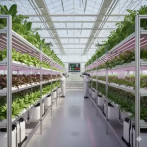 Tall, stacked vertical farming racks illuminated by LED grow lights inside a commercial hydroponic greenhouse.