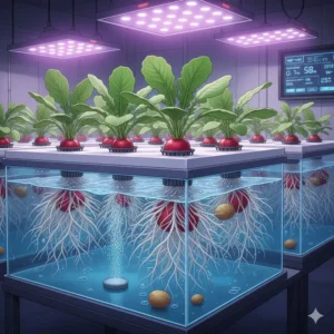 Diagram or photo illustrating how root crops like radishes and potatoes can be grown using deep water culture (DWC) hydroponics.