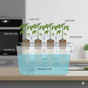 Diagram illustrating the water reservoir and automated pumping mechanism which forms the base of the indoor tomato growing system.