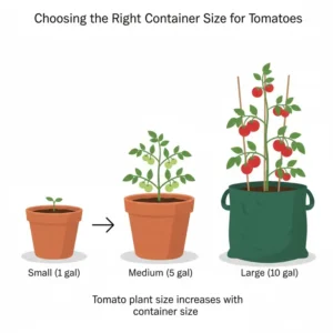 Diagram comparing various pot sizes to help gardeners select the right container volume for the best tomatoes for container growing.