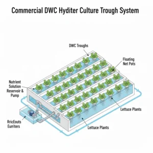 Deep Water Culture or DWC troughs operating within industrial commercial hydroponic systems.