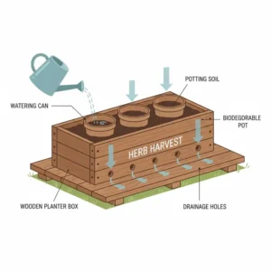 Cross-section diagram of an outdoor herb garden kit planter showing proper drainage holes and water flow.