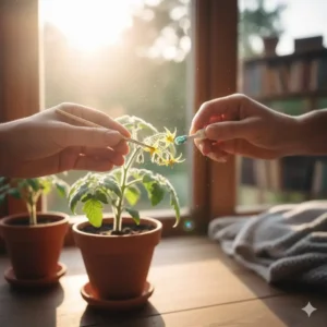 Manual pollination technique using a small brush to help tomato flowers set fruit when growing the best tomatoes to grow indoors.
