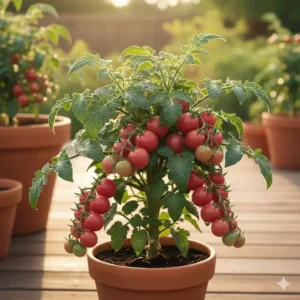 Image of a healthy Dwarf Tomato Project variety, like 'Dwarf Arctic Rose,' growing stocky and compact in a container, highlighting the benefits of these sturdy pot tomato varieties.