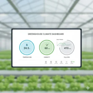 A digital dashboard used to control and monitor the climate and environment within the hydroponic greenhouse.